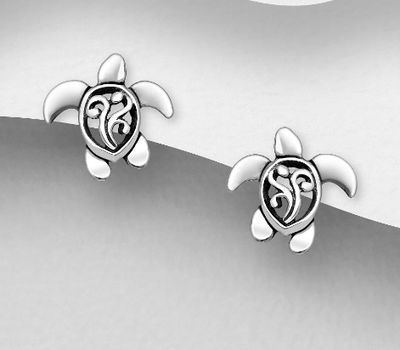 925 Sterling Silver Oxidized Swirl Turtle Push-Back Earrings