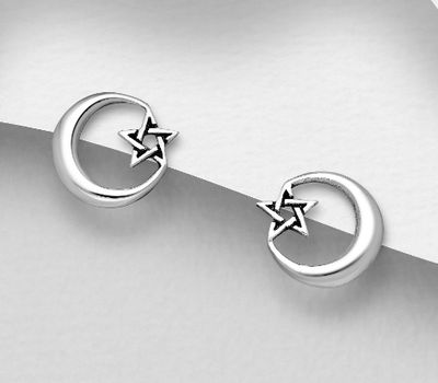 925 Sterling Silver Oxidized Moon and Star Push-Back Earrings