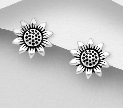 925 Sterling Silver Oxidized Sunflower Push-Back Earrings