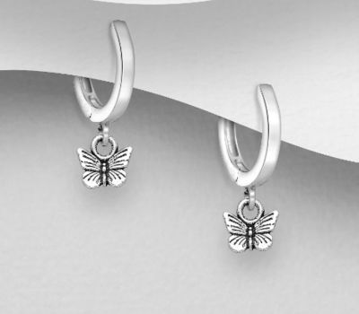 925 Sterling Silver Oxidized Butterfly Hoop Earrings