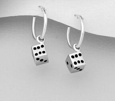 925 Sterling Silver Oxidized Dice Hoop Earrings