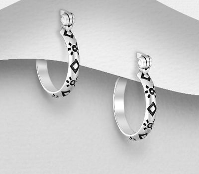 925 Sterling Silver Oxidized Hinged-Back Earrings Featuring Sun and Rhombus Design