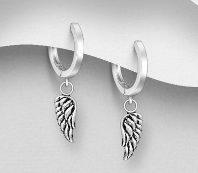 925 Sterling Silver Oxidized Wings Hoop Earrings