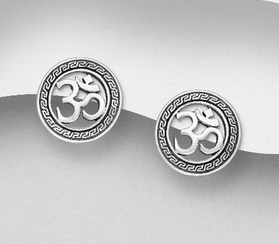 925 Sterling Silver Oxidized Om Sign Push-Back Earrings