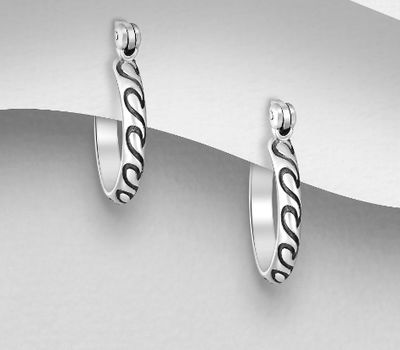 925 Sterling Silver Oxidized Wave Hinged-Back Earrings