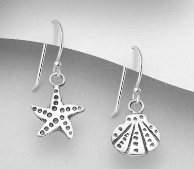 925 Sterling Silver Mis-Matched Starfish and Shell Hook Earrings