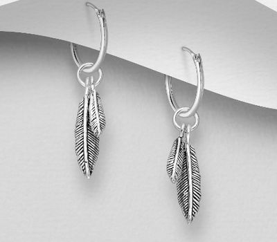 925 Sterling Silver Oxidized Feather Hoop Earrings
