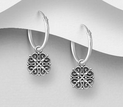 925 Sterling Silver Oxidized Heart Hoop Earrings