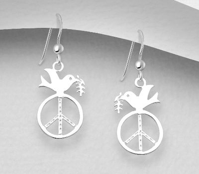 925 Sterling Silver Bird and Peace Symbol Hook Earrings