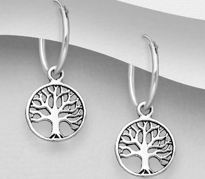925 Sterling Silver Oxidized Tree of Life Hoop Earrings