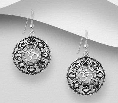 925 Sterling Silver Oxidized Om Sign Hook Earrings