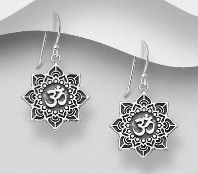 925 Sterling Silver Oxidized Lotus and Om Sign Hook Earrings