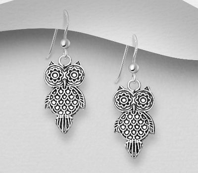 925 Sterling Silver Oxidized Owl Hook Earrings