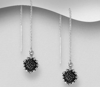 925 Sterling Silver Oxidized Sunflower Threader Earrings