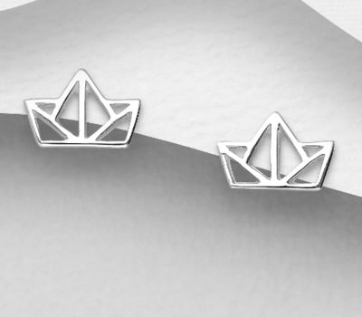 925 Sterling Silver Origami Boat Push-Back Earrings