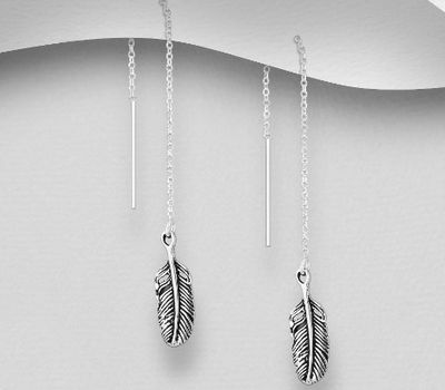 925 Sterling Silver Oxidized Feather Threader Earrings