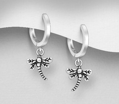 925 Sterling Silver Oxidized Dragonfly Hoop Earrings