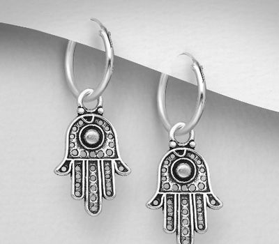 925 Sterling Silver Oxidized Hamsa Hoop Earrings