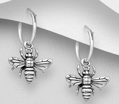 925 Sterling Silver Oxidized Bee Hoop Earrings