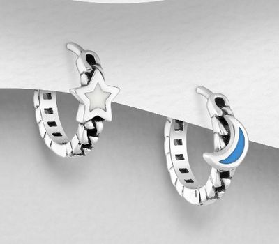 Malın səhifəsinə keç 925 Sterling Silver Oxidized Hoop Earrings Featuring Links, Moon and Star, Decorated with Colored Enamel