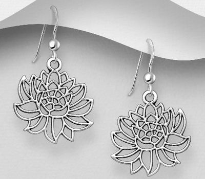 925 Sterling Silver Oxidized Lotus Hook Earrings