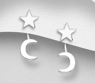 925 Sterling Silver Moon & Star Ear Jacket Earrings