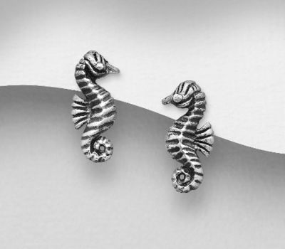 925 Sterling Silver Oxidized Seahorse Push-Back Earrings