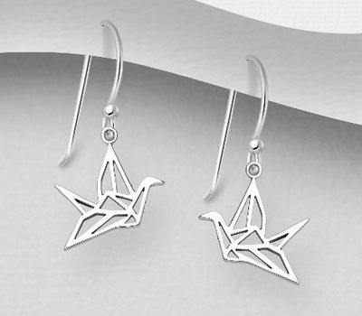 925 Sterling Silver Oxidized Origami Bird Hook Earrings