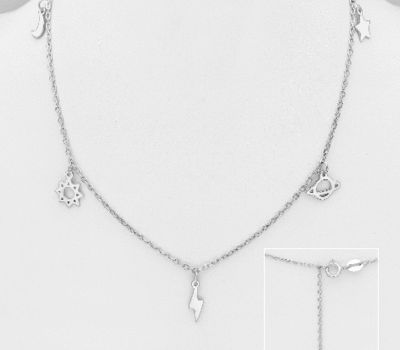 925 Sterling Silver Lightning Bolt Necklace, Featuring Moon, Saturn and Star Design