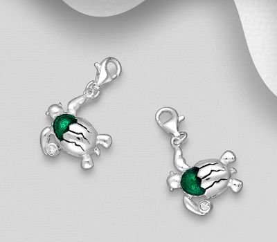 925 Sterling Silver Turtle Charm, Decorated with CZ Simulated Diamonds and Colored Enamel