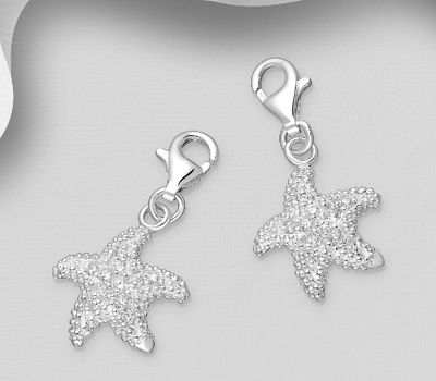 925 Sterling Silver Starfish Charm, Decorated with CZ Simulated Diamonds