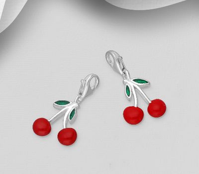 925 Sterling Silver Cherry Charm, Decorated with Colored Enamel