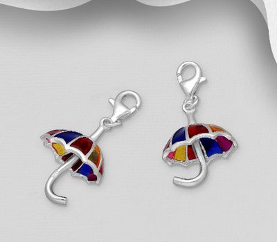 925 Sterling Silver Umbrella Charm, Decorated with Colored Enamel