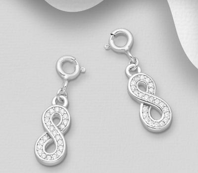 925 Sterling Silver Infinity Charm, Decorated with CZ simulated Diamonds