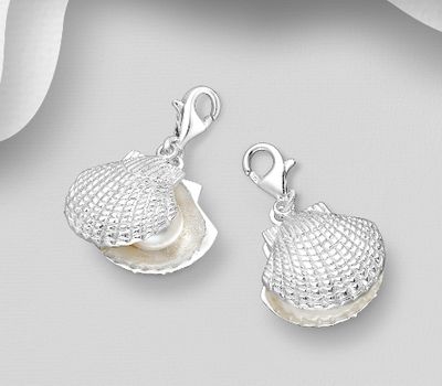 925 Sterling Silver Shell Charm, Decorated with Freshwater Pearl