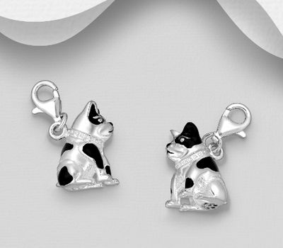 925 Sterling Silver Dog Charm, Decorated with Colored Enamel