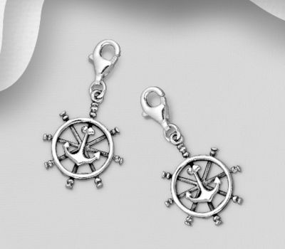 925 Sterling Silver Oxidized Anchor And Ship Wheel Charm