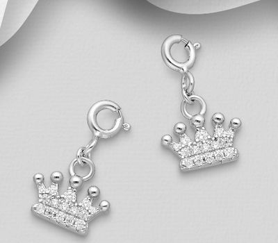 925 Sterling Silver Crown Charm, Decorated with CZ Simulated Diamonds
