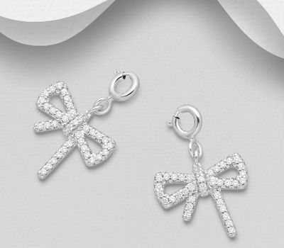925 Sterling Silver Bow Charm, Decorated with CZ Simulated Diamonds