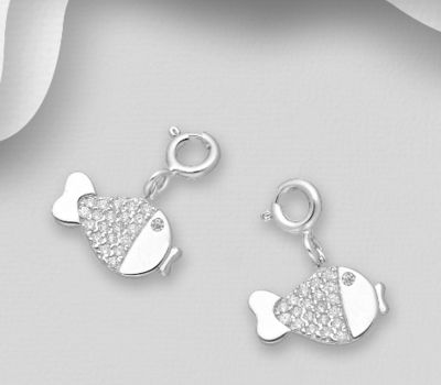 925 Sterling Silver Fish Charm, Decorated with CZ Simulated Diamonds