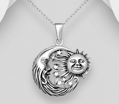 925 Sterling Silver Oxidized Moon, Sun Pendant