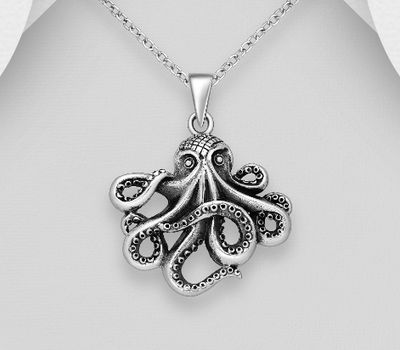 925 Sterling Silver Oxidized Octopus Pendant
