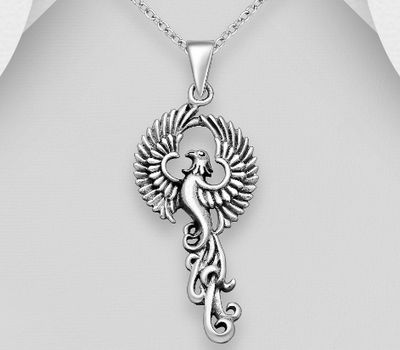 925 Sterling Silver Oxidized Phoenix Bird Pendant