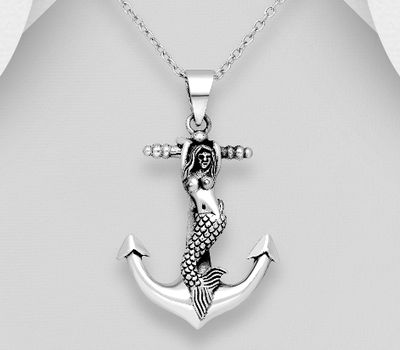 925 Sterling Silver Anchor and Mermaid Pendant