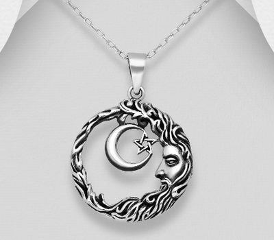 925 Sterling Silver Oxidized Moon, Star and Face Pendant