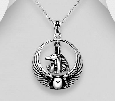 Şəkli böyütmək üçün tiklayın 925 Sterling Silver OxidizedAnubis and Egyptian Cross Pendant