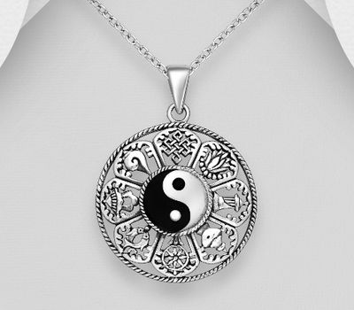 925 Sterling Silver Oxidized Yin-Yang Pendant Decorated with Colored Enamel