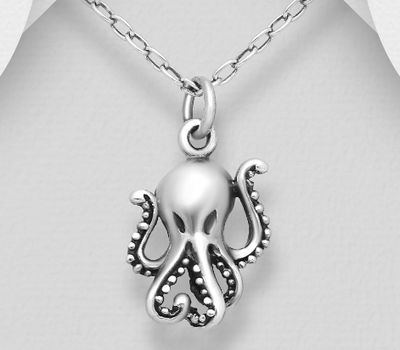 925 Sterling Silver Oxidized Octopus Pendant