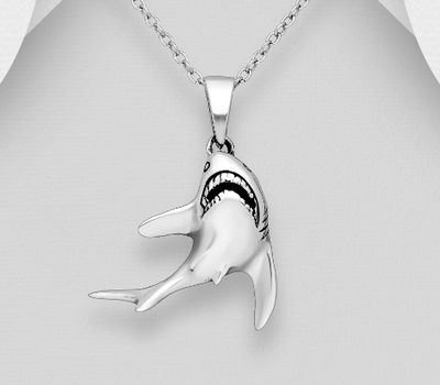 925 Sterling Silver Oxidized Shark Pendant