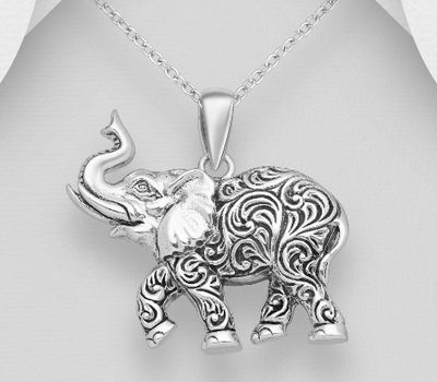 925 Sterling Silver Oxidized Swirl Elephant Pendant
